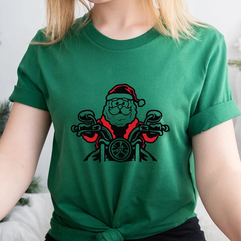 

Motorcycle Santa Claus Women T Shirts Cotton Short Sleeve Merry Christimas Tshirt Festival Holiday Gift Harajuku O Neck T-shirt