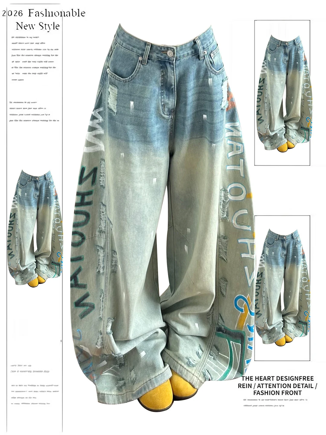 

American Retro Graffiti Print Denim Jeans Women's Summer New Loose Slimming Fashionable Long Pants High Waist Wide Leg Jeans