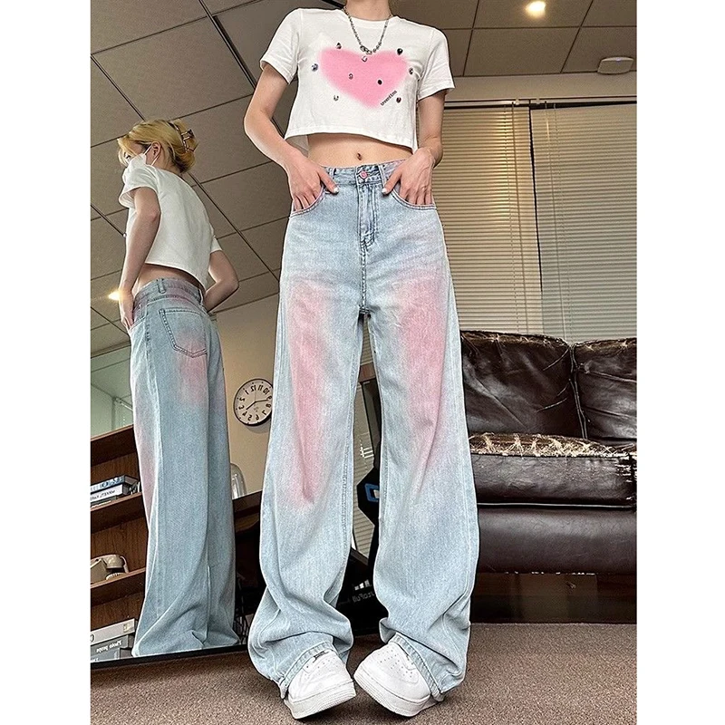 Y2k  Baggy Jeans Blue For Women\'s Summer High Waisted Graffiti Purple Straight Pants Casual Fashion Denim Trouser Woman