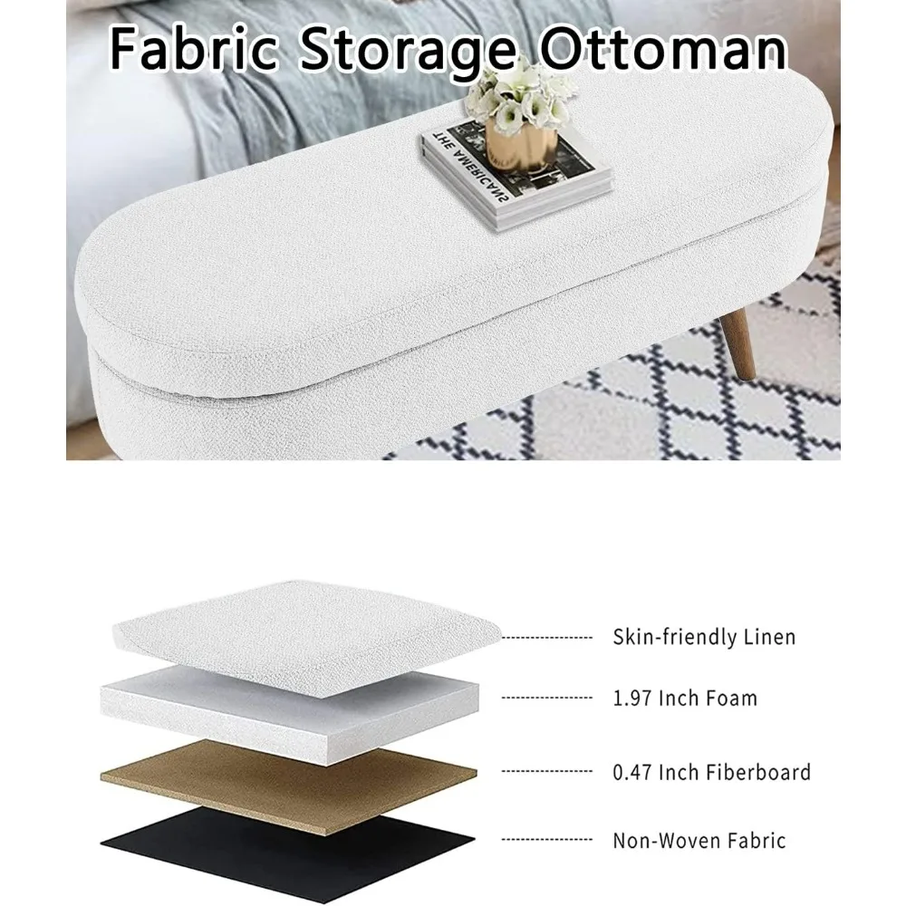 مقعد تخزين من قماش الكتان الأبيض مقاس 43.5 بوصة مع أرجل خشبية صلبة لغرفة المعيشة وغرفة النوم ومدخل العثماني