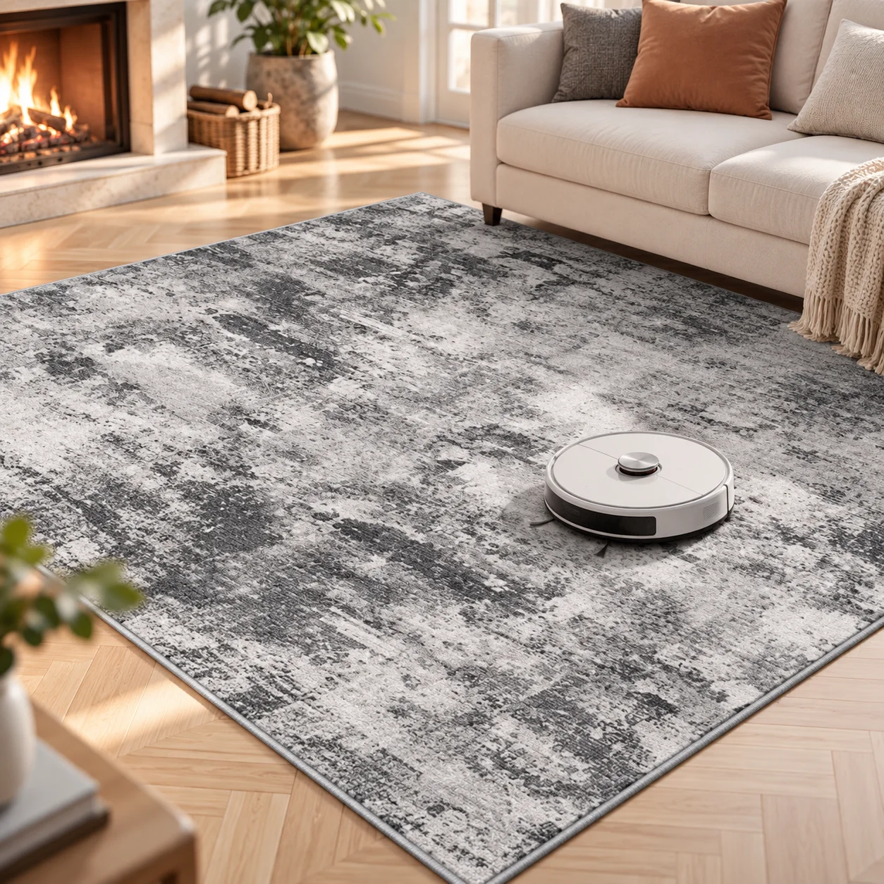 7x7ft Square Washable Area Rug, Abstract Black Grey Pattern, Non Slip Steel Plate Dot Backing, Low Pile Polyester Floor Mat, Stain Resistant, Noise Reducing, Fits Bedroom Kitchen Entry High Traffic Spaces