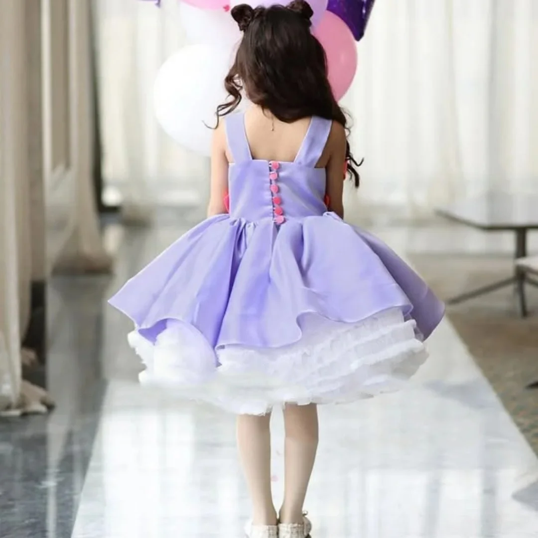 ラベンダーフラワーガールドレス結婚式用弓膝丈女の子子供の誕生日ボールガウン初聖体拝領ドレスカスタマイズ