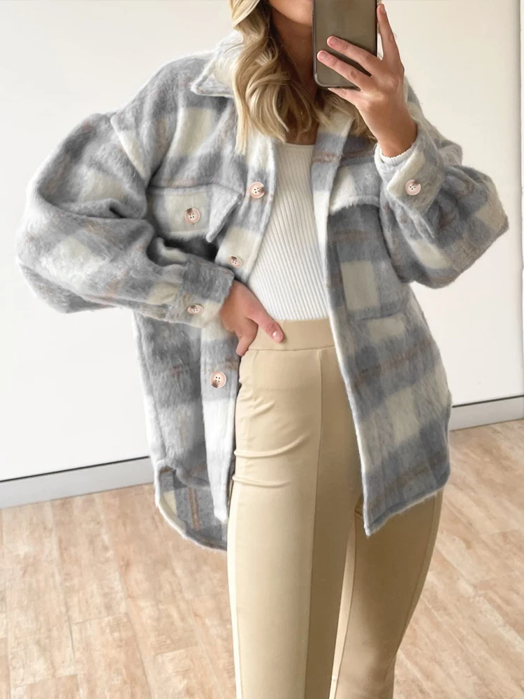 EDOLYNSA Women\'s Coats Elegant Turn-down Collar Niko Winter 2023 Motorcycle Jacket Retro Coat Female Plaid Casual Outwear A2061