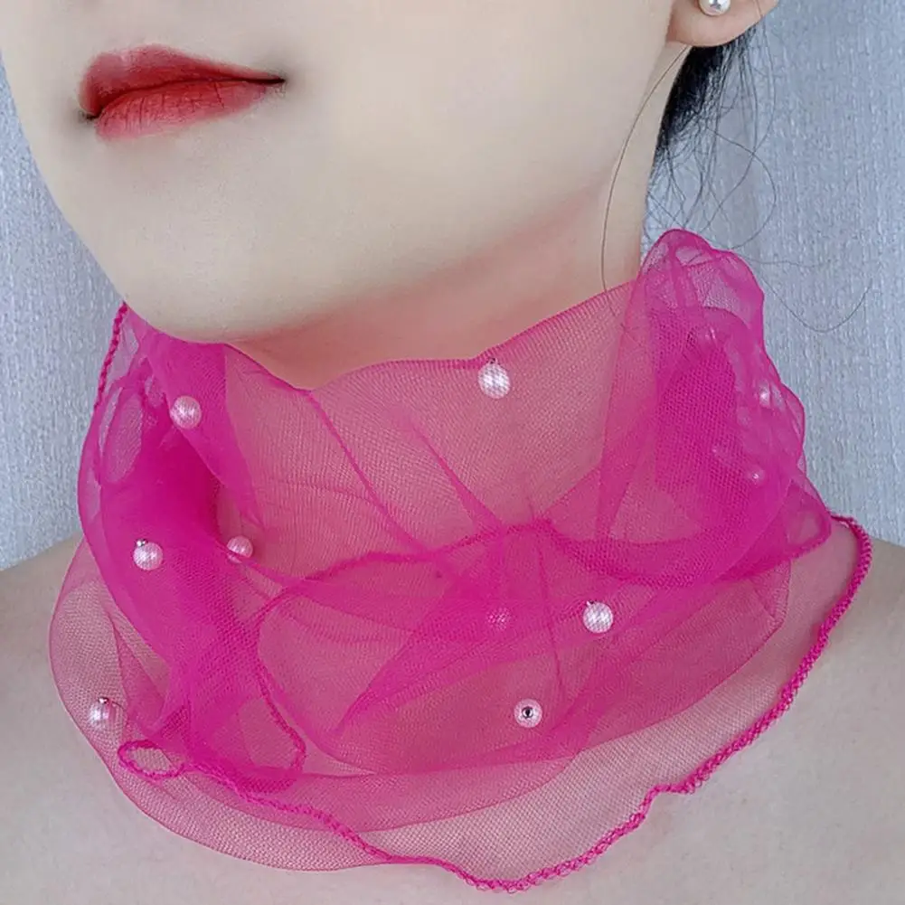 Fake Pearl Pendant Ruffle Lace Scarf Women Organza Neck Collar Chiffon Scarves Shiny Scarf Multi-functional Elastic Neck Wrap