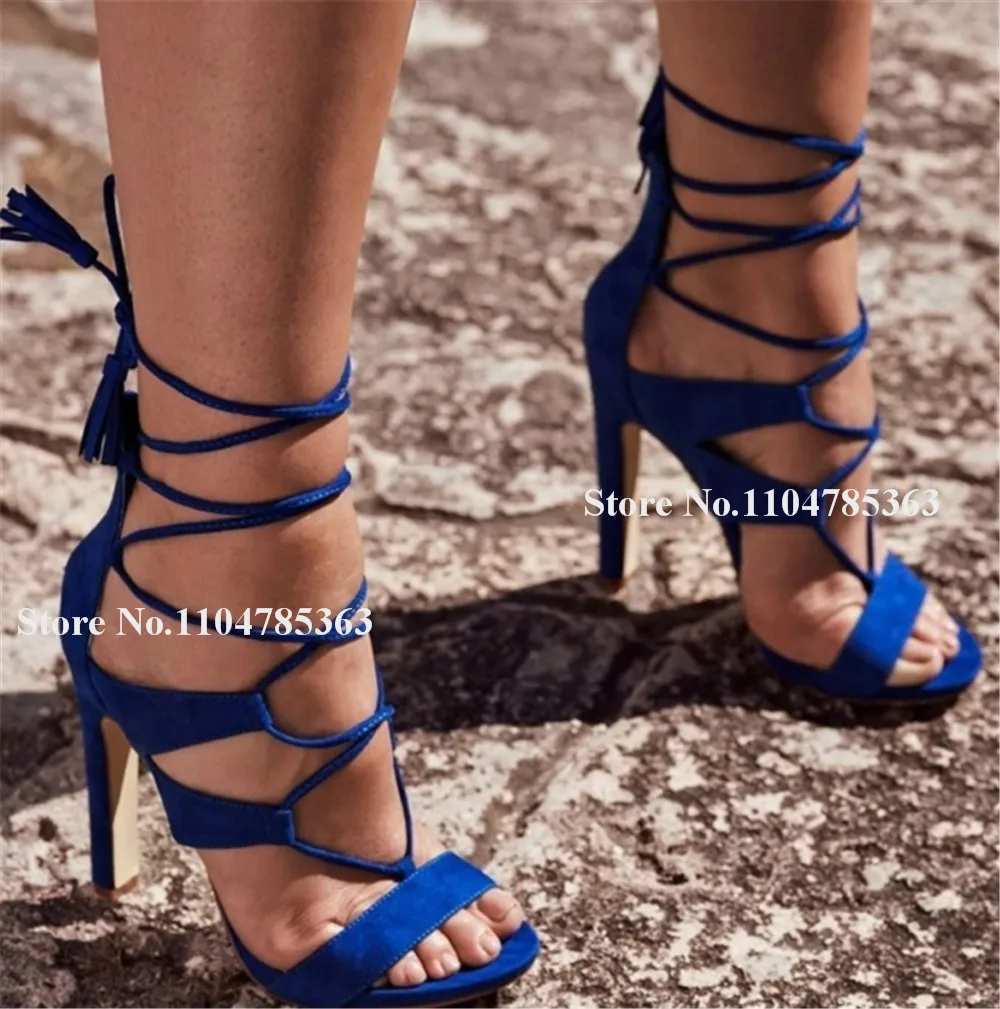 

Пикантные синие замшевые сандалии-гладиаторы на шпильке с перекрестными ремешками и открытым носком, босоножки на тонком каблуке со шнуровкой, вечерние туфли-лодочки большого размера