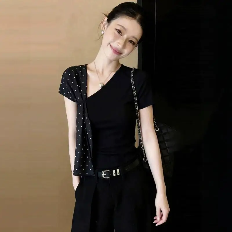 Hot 2026 Summer New Women Clothing Unique Beautiful Slant Neck Short Sleeve T-shirt Trendy Design Sense Fashion Versatile Tops