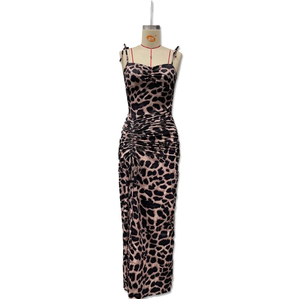 Feminino fino ajuste saia longa vestido leopardo impressão smocked cintura estilo europeu americano sexy verão moda vestido