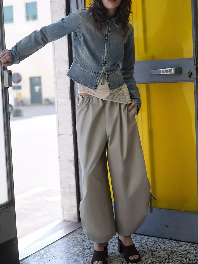 

Spring 2026 New Women's Wide Leg Pants Adjustable Hem Drawstring High Waist Long Trousers Loose Fit Chinese Style Clothing