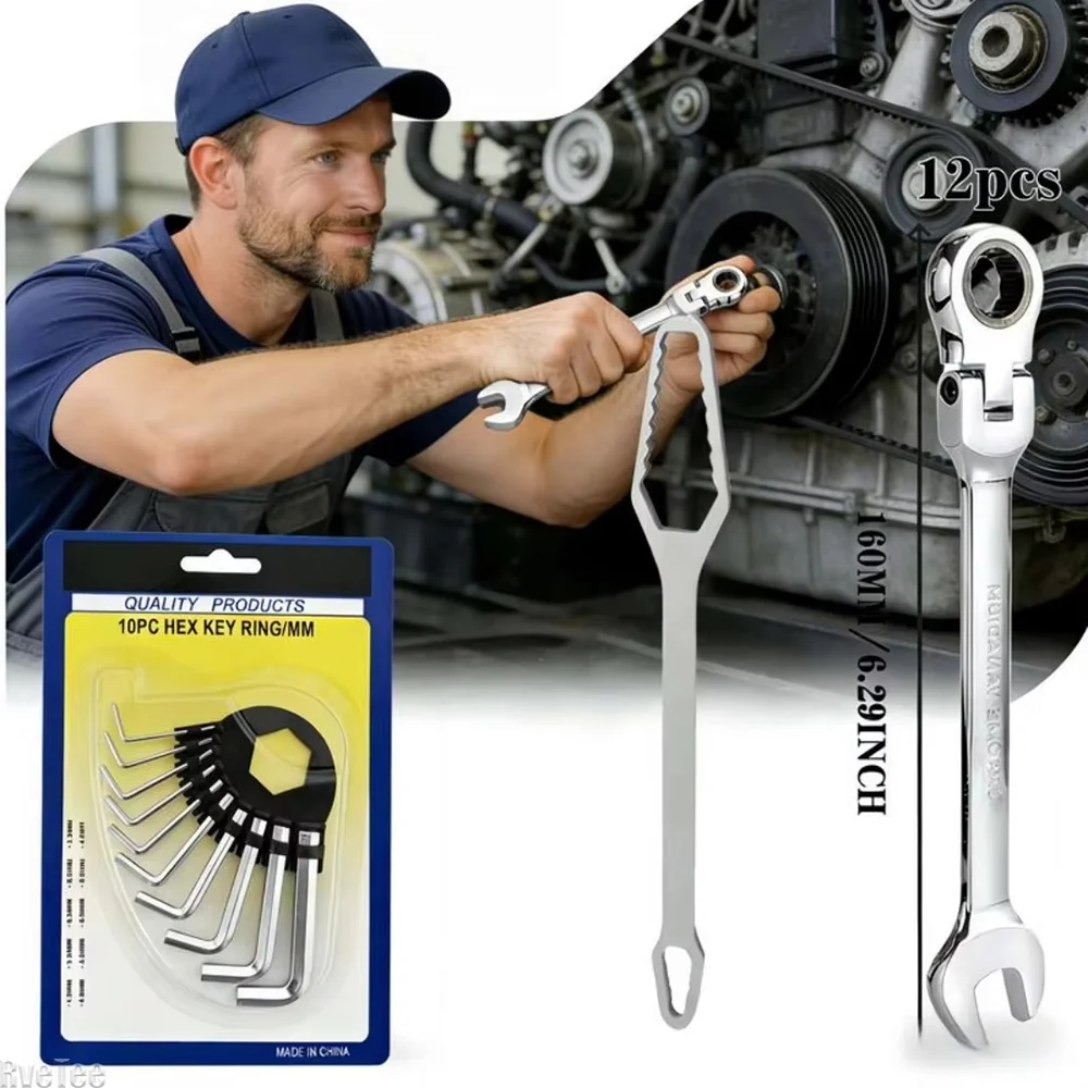 180° Rotating 72‑Tooth Ratchet Wrench Hex Key Tool Set for Automotive Bicycle Mechanical Repair Work