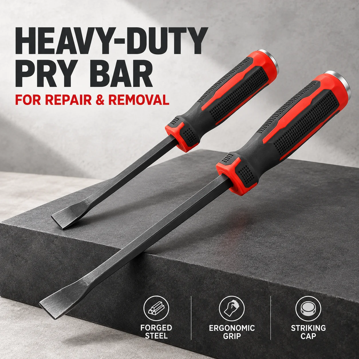 8/12/16/24 Inch Heavy Duty Pry Bar, Forged Steel Crowbar with Striking Cap and Ergonomic Handle for Repair