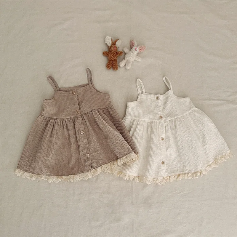 2026 Summer New Girls Sleeveless Lace Sling Dress Cotton Children Solid Suspender Dress Baby Girl Princess Dress Kids Clothes
