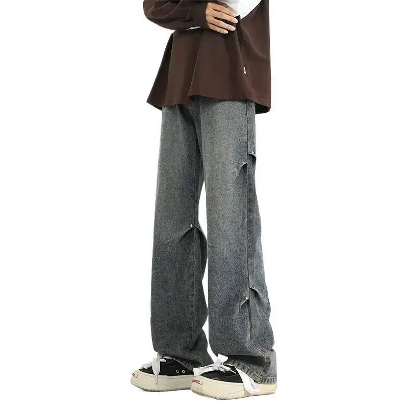 Jeans Men's 2025 Autumn Street Style Retro Jeans Straight Leg Washed Micro Flare Denim Pants Crease Casual Long Pants