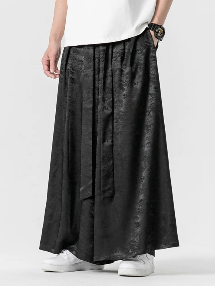 

Ice Silk Wide Leg Pants Men's Summer Drapey Loose Tka Flower Embroidery Casual Trousers Chinese Sle Tang Costume Hanfu Skir...