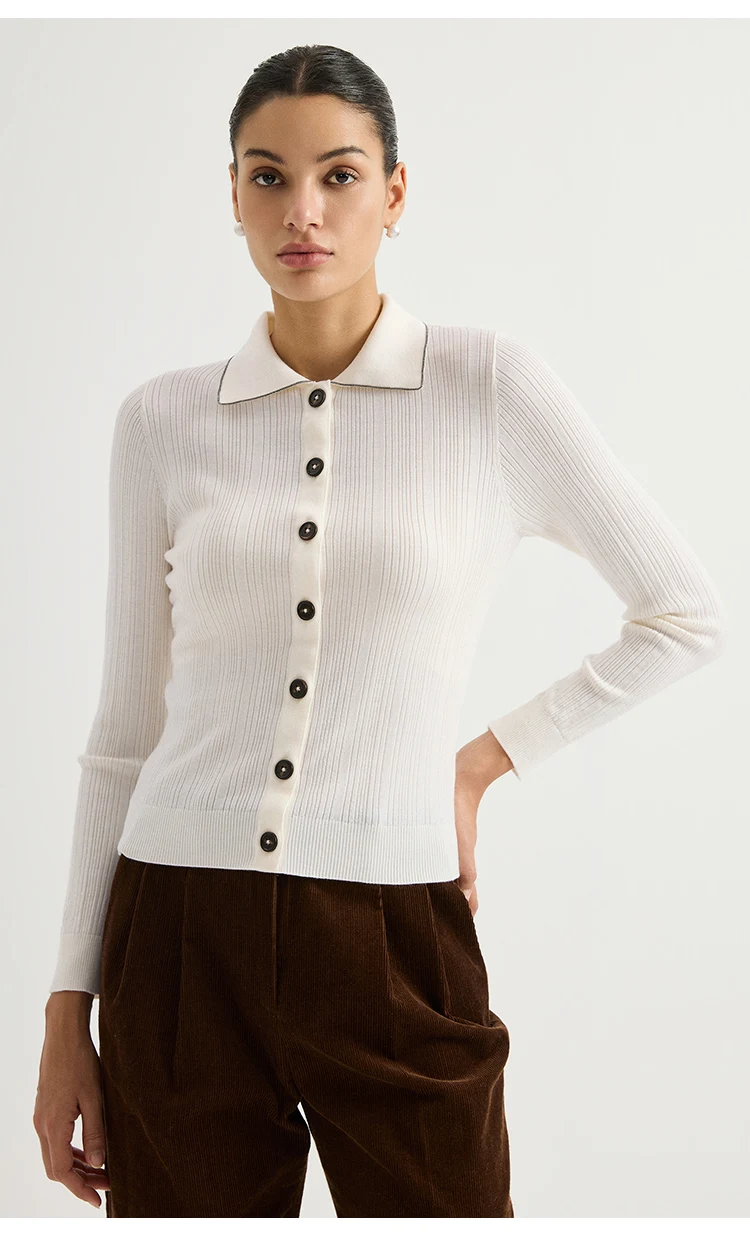 BY3621708 Damen-Strickjacke mit Polokragen, 100% Wolle, strukturiert, gerippt, lange Ärmel, Kragen mit Kettenverzierung, Kunstharzknöpfe, dezenter Luxus für den Herbst – Detail 3