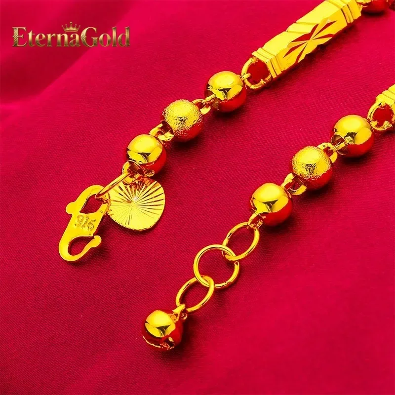 EternaGold Hexagon Bead Bracelet for Women, 24K Gold, AU999 | Polished hexagon & round beads on elastic cord, modern geometric c