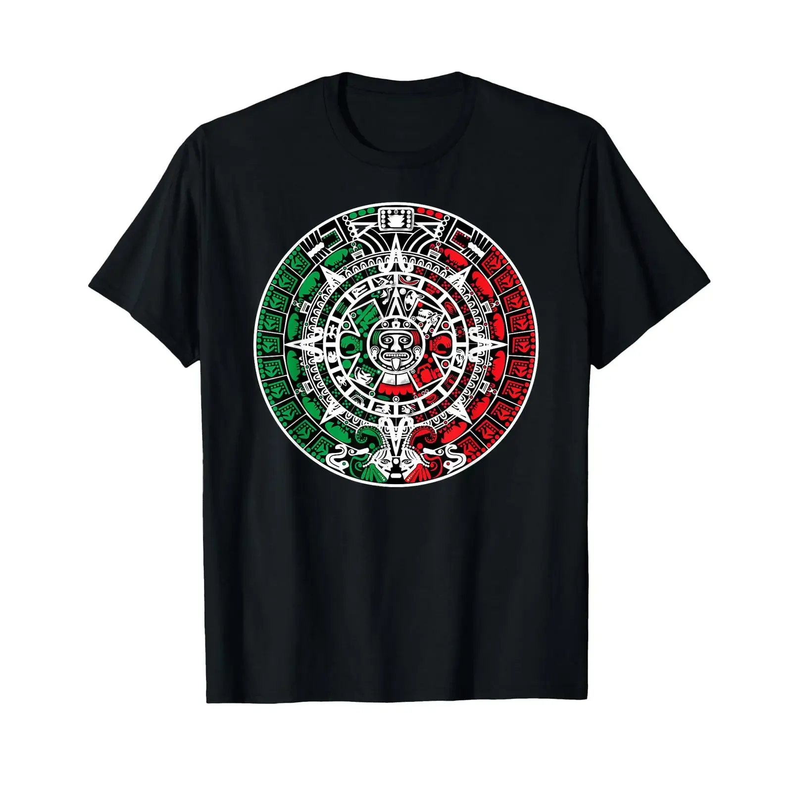 Aztec Calendar Sun Stone Mexico Flag Colors Mexican Heritage T Shirt vintage Washed Soft Stretched graphic Breathable Slightly