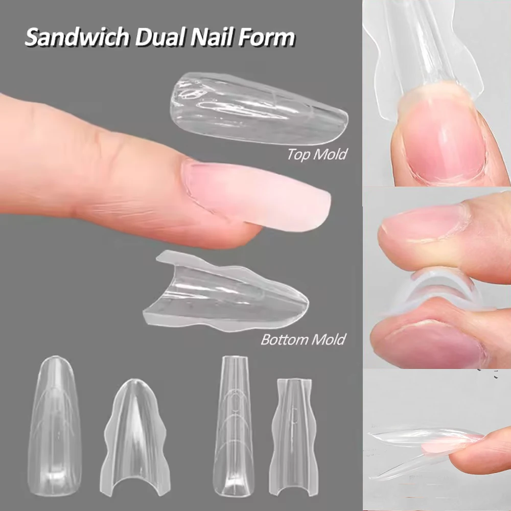 

180 шт., длинный гроб, овальный сэндвич, двойные формы для ногтей, 15 размеров, многоразовая форма для верхнего и нижнего размера, наращивание ногтей, прозрачная форма для сэндвича # &*