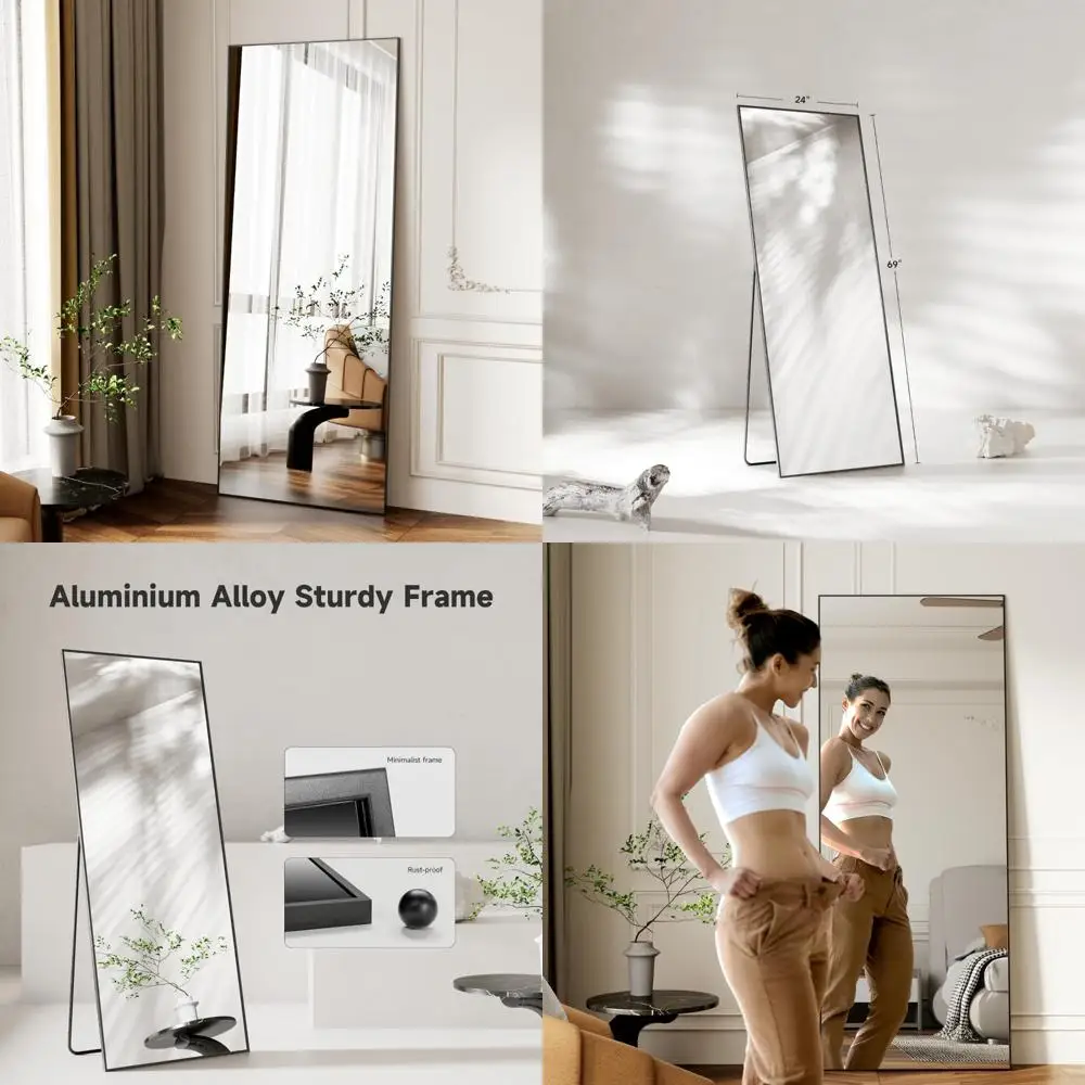 Rechthoekige vloerstaande spiegel met zwart gehard glas, wandgemonteerde spiegel van aluminiumlegering over de volledige lengte voor slaapkamer