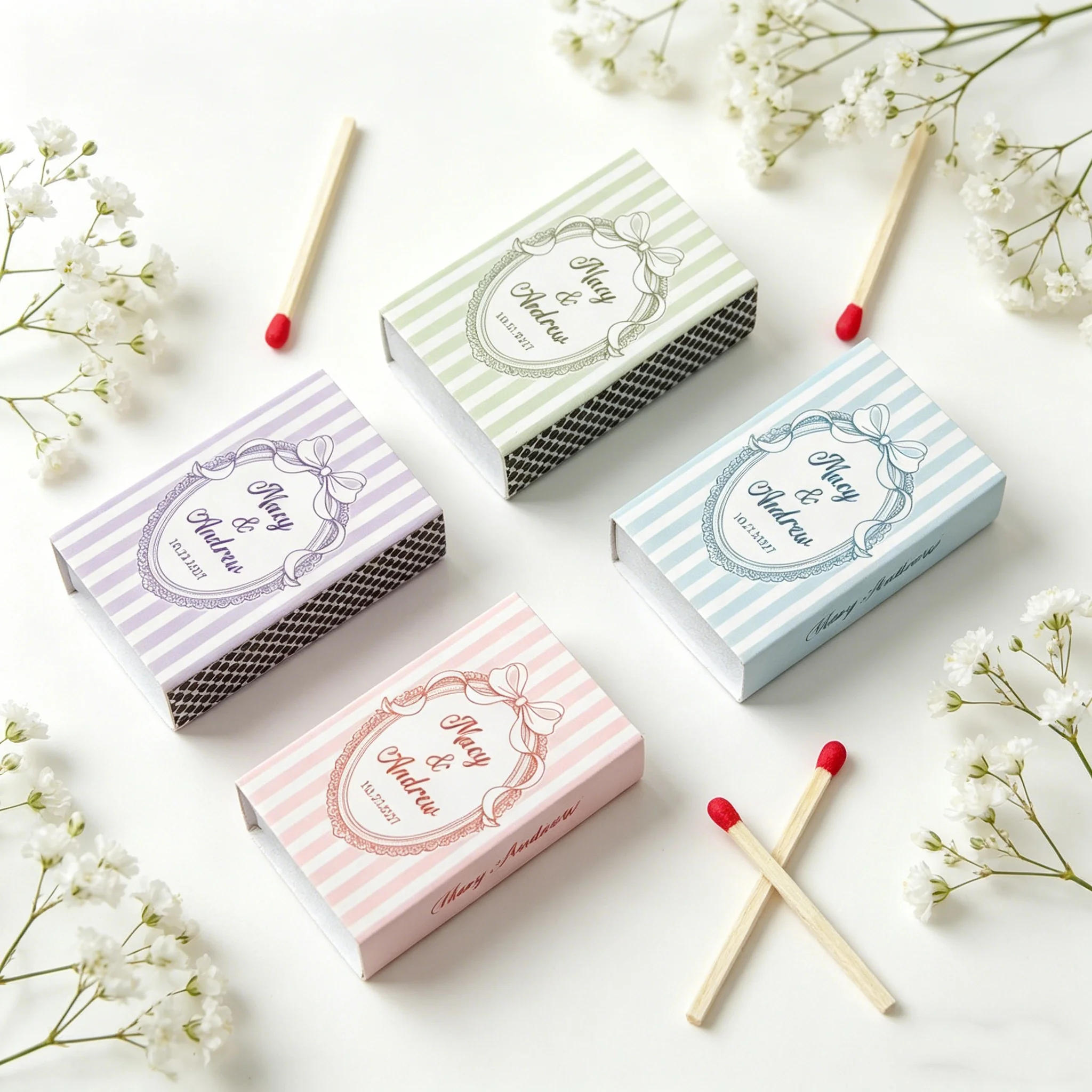 

Персонализированные свадебные коробочки для спичек с лентой, современные овальные коробочки с полосками для свадебных подарков