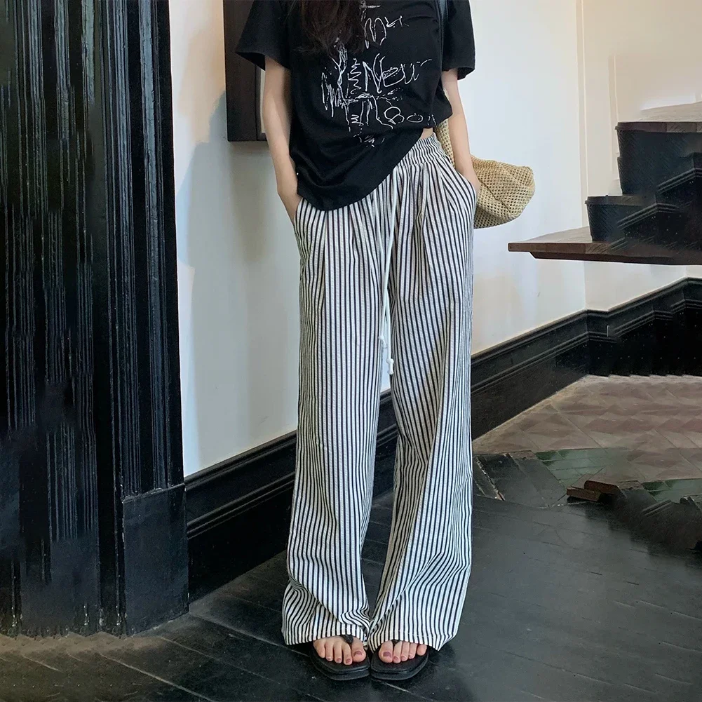 Drawstring Black White Vertical Striped Casual Pants Women Spring Summer New Korean Loose Drape Long Pants Wide Leg Pants