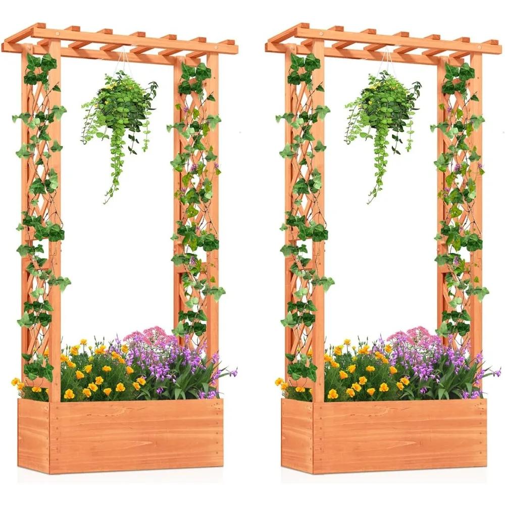 

HAPPYGRILL Raised Garden Bed with Trellis, 2 Pack Wood Elevated Garden Bed with Hanging Roof, Planter Box, Drainage Holes for Cl