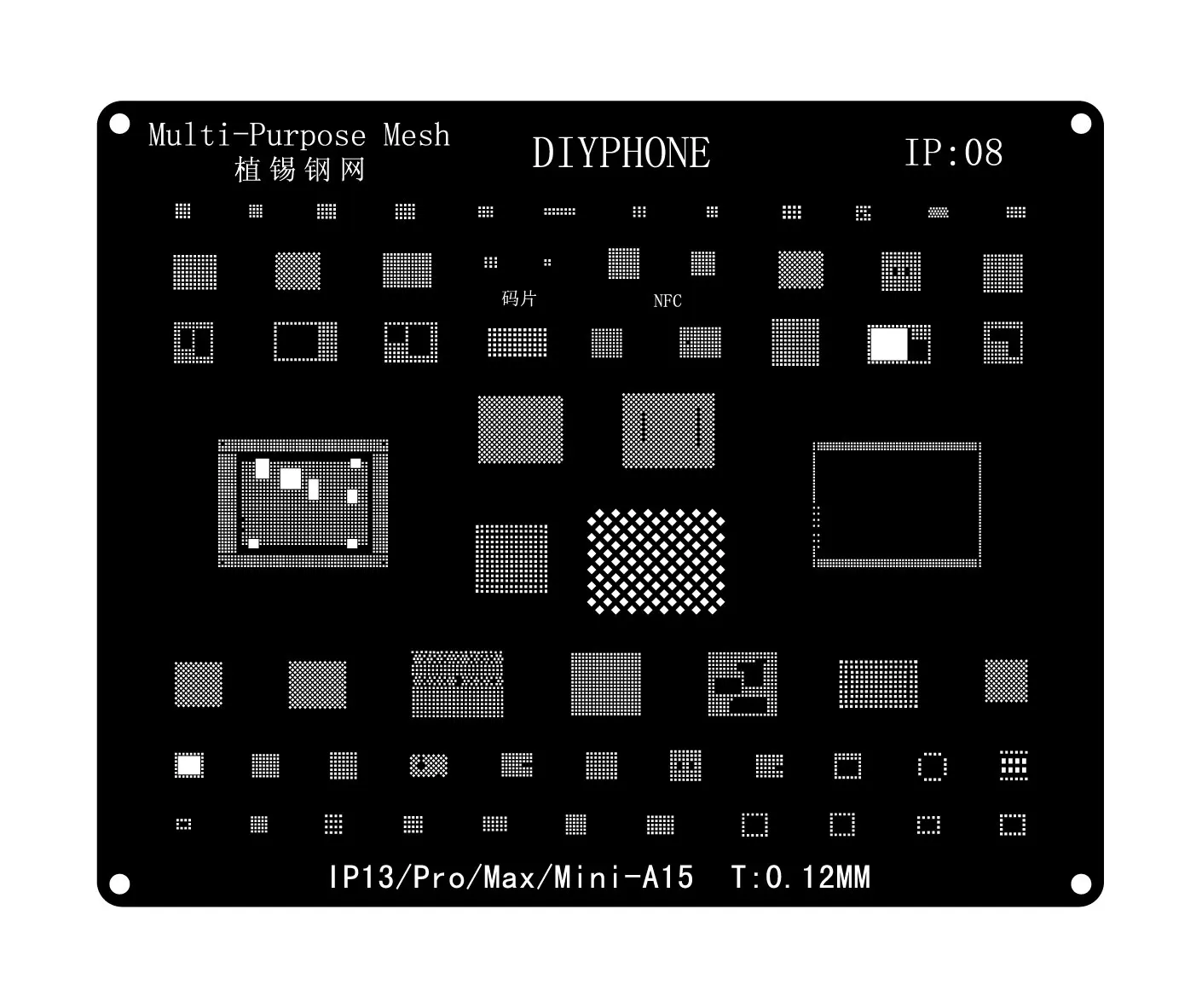 Diyphone สีดำ BGA reballing ลายฉลุสำหรับ iPhone 15 14 13 12 11 PRO MAX XS x 8 8P 7แผ่นเหล็กสุทธิ CPU