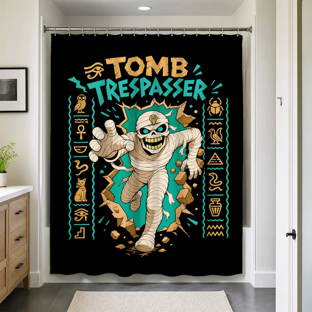 Unique Gothic Tomb Trespasser Skeleton Theme Shower Curtain Liner Bathroom Decor Halloween Spooky Waterproof Shower Curtain Art