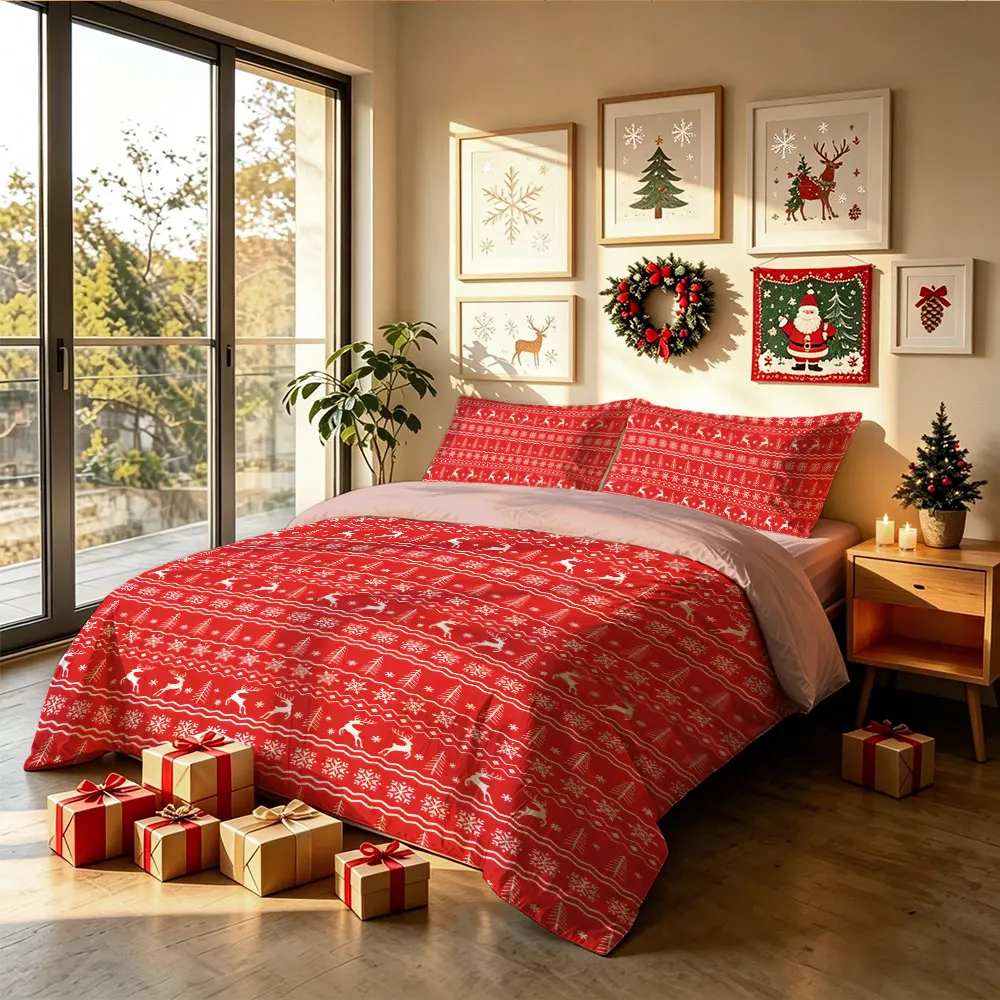 Red Nordic Reindeer Duvet Cover Set 3Pcs, Fair Isle Knit Bedding, Geometric Print Quilt Cover with Pillowcases, Winter Decor