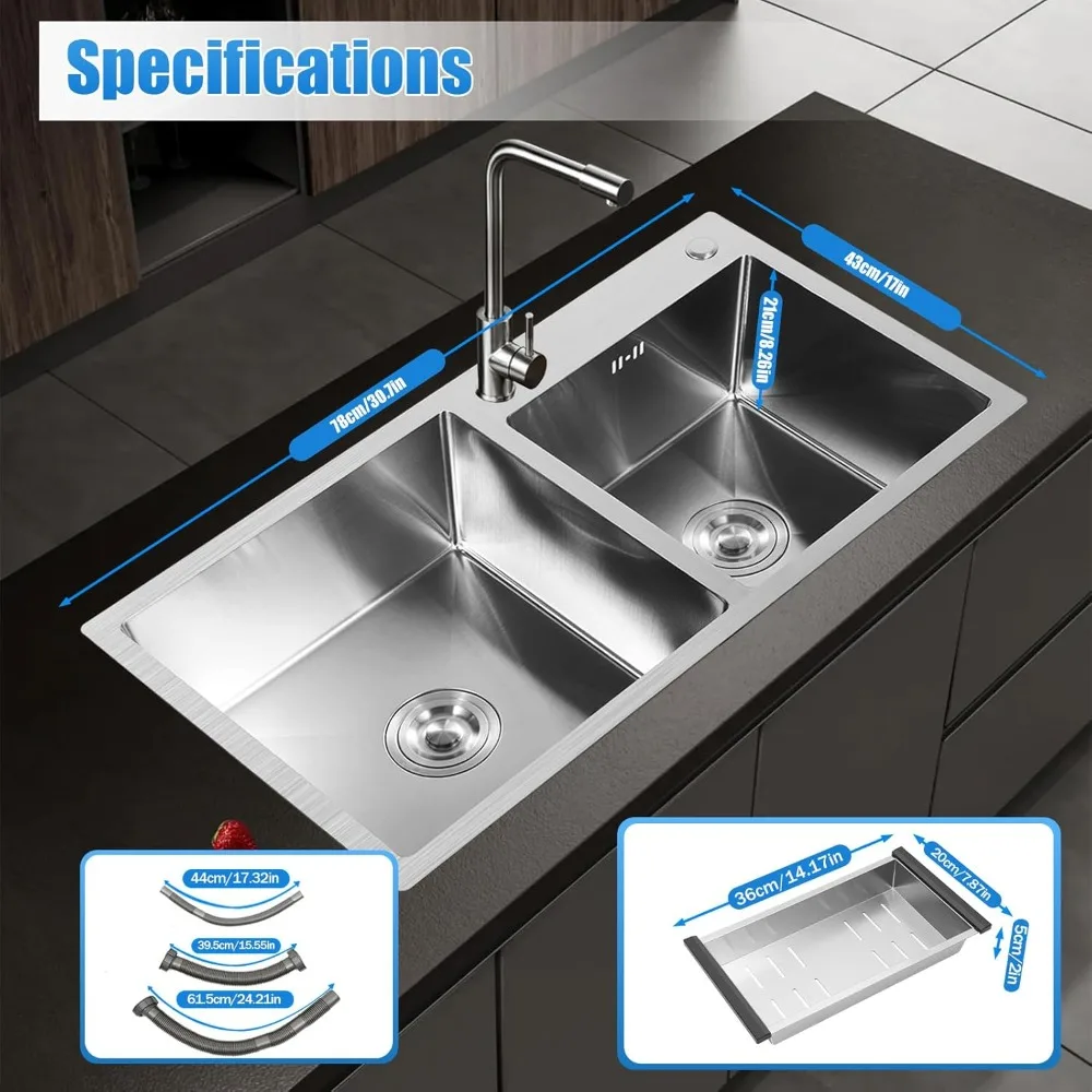 30 Inch Double Bowl Drop-in/Topmount Kitchen Sink Steel Kitchen Sink with Drainage Pipes and Fruit Baskets for Kitchen Bathroom