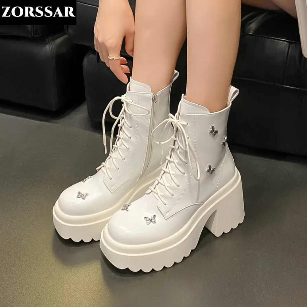 

Modern Boots Women Platform Shoes Lace-up Genuine Leater Shoes Fashion Gothic Style Women Chunky Heels Ankle Boots Woman Zapatos