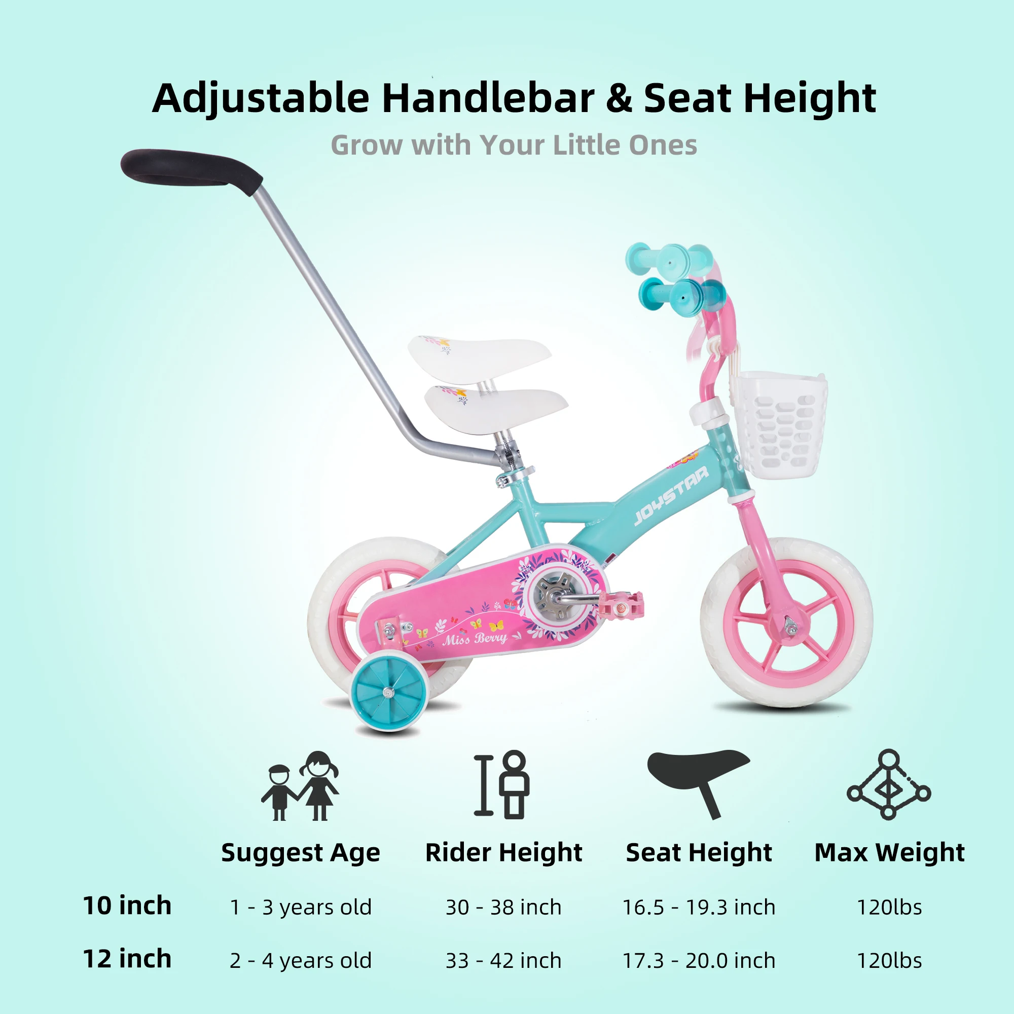 JOYSTAR 10/12 Zoll Kinderfahrrad für Jungen und Mädchen im Alter von 1–4 Jahren, Kleinkindfahrrad mit Stützrädern, Korb, abnehmbarer Druckgriff