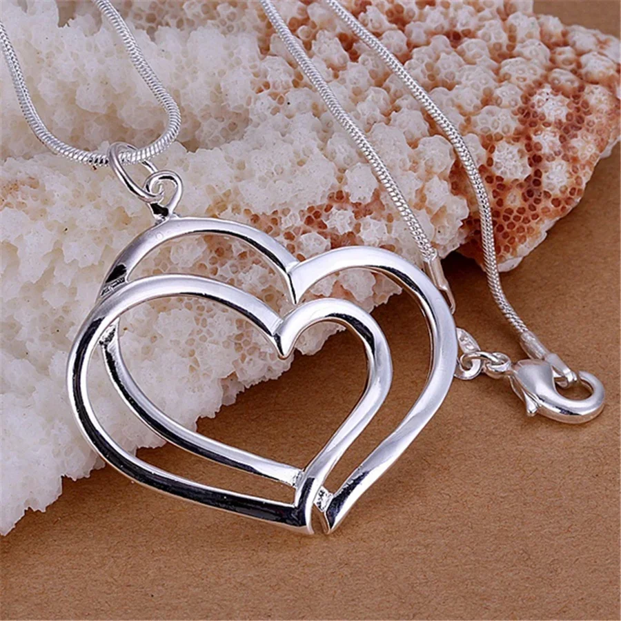 

925 Sterling Silver romantic Double Heart Pendant necklace for women Fashion brands Jewelry Wedding party Popular Holiday gift