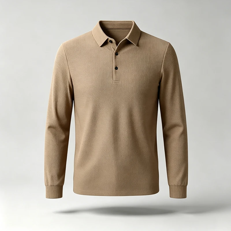 Herren Strukturiertes Waffel-Langarm-Poloshirt, Reguläre Passform, Weich, Knitterresistent, Business-Casual Alltags-Pullover-Oberteil – Detail 8
