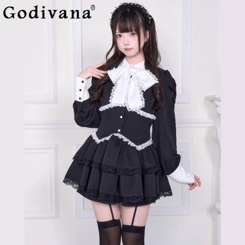 

Japanese Mine Mass-Produced Sweet Lolita Long Sleeve Dress Shorts 2-Piece Set Autumn New Women's Cute Big Bow Top Shorts Set