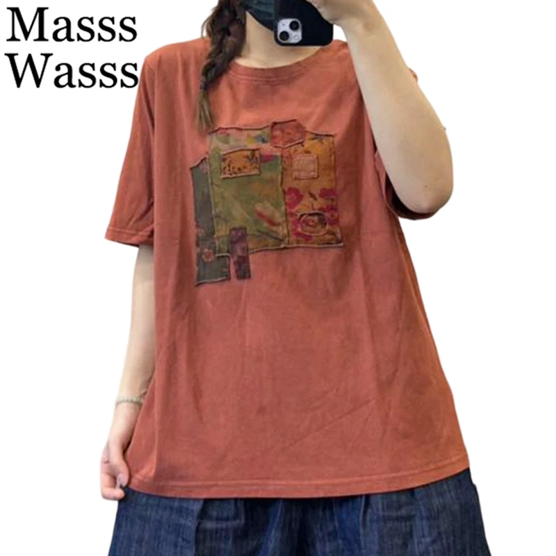 Masss Wasss 2026 Vintage Leisure O Neck Tops Womens British Design Summer Classic Tee Shirts Females Fashion Embroidery Clothes