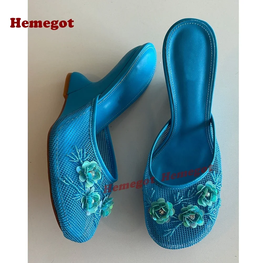 

Blue Air Mesh Strange Style Slippers Round Toe Flower Embroidery Women's Mules 2025 New Arrival Runway Party Shoes Luxury Sexy
