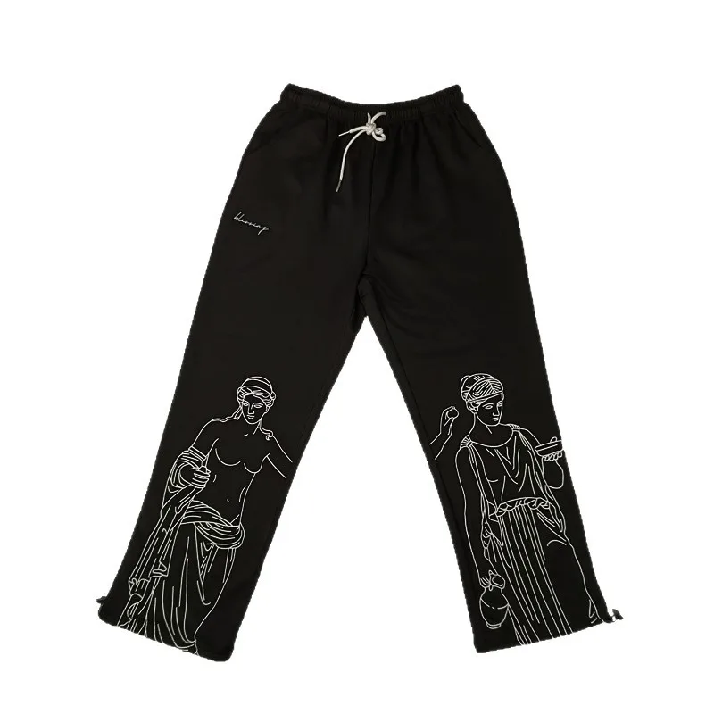 ربيع 2025 الهيب هوب شارع الجاز الرياضة الأوروبية والأمريكية مستقيم ins سراويل تقليدية النحت الأسود بنطلون المرأة