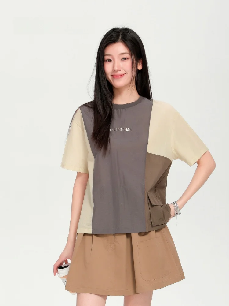 

Летняя новинка Dailanzhi: женская повседневная универсальная футболка свободного кроя с круглым вырезом и коротким рукавом, хлопковая, в стиле колор-блок, для города