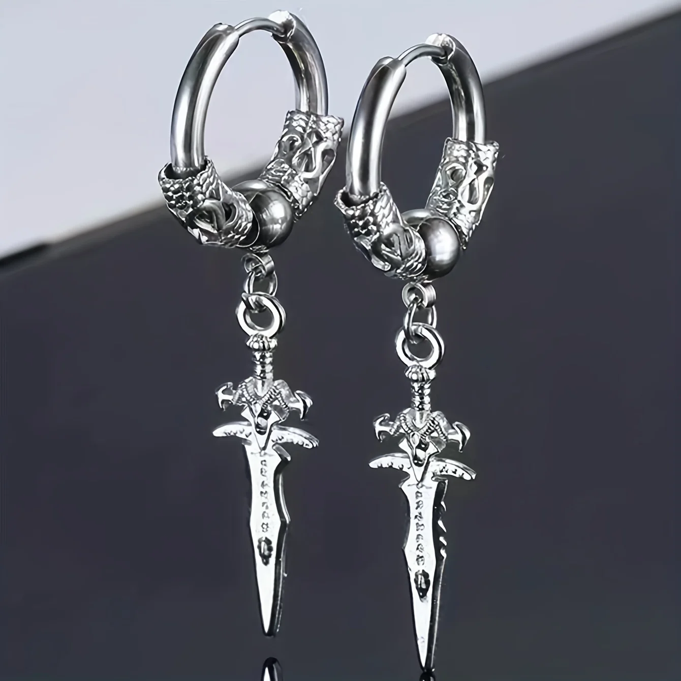 2pcs Stainless Steel Dragon Coil Sword Pendant Drop Hoop Earrings Unique Punk Hip Hop Style for Men Women Daily Wear Jewelry