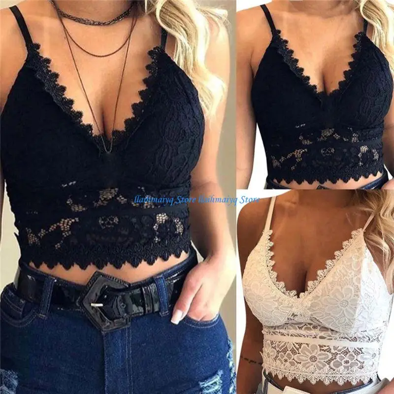 573B Women Sexy V-Neck Bralette Hollow Out Floral Lace Crop Top Wireless Camisole Underwear Clubwear S-3XL