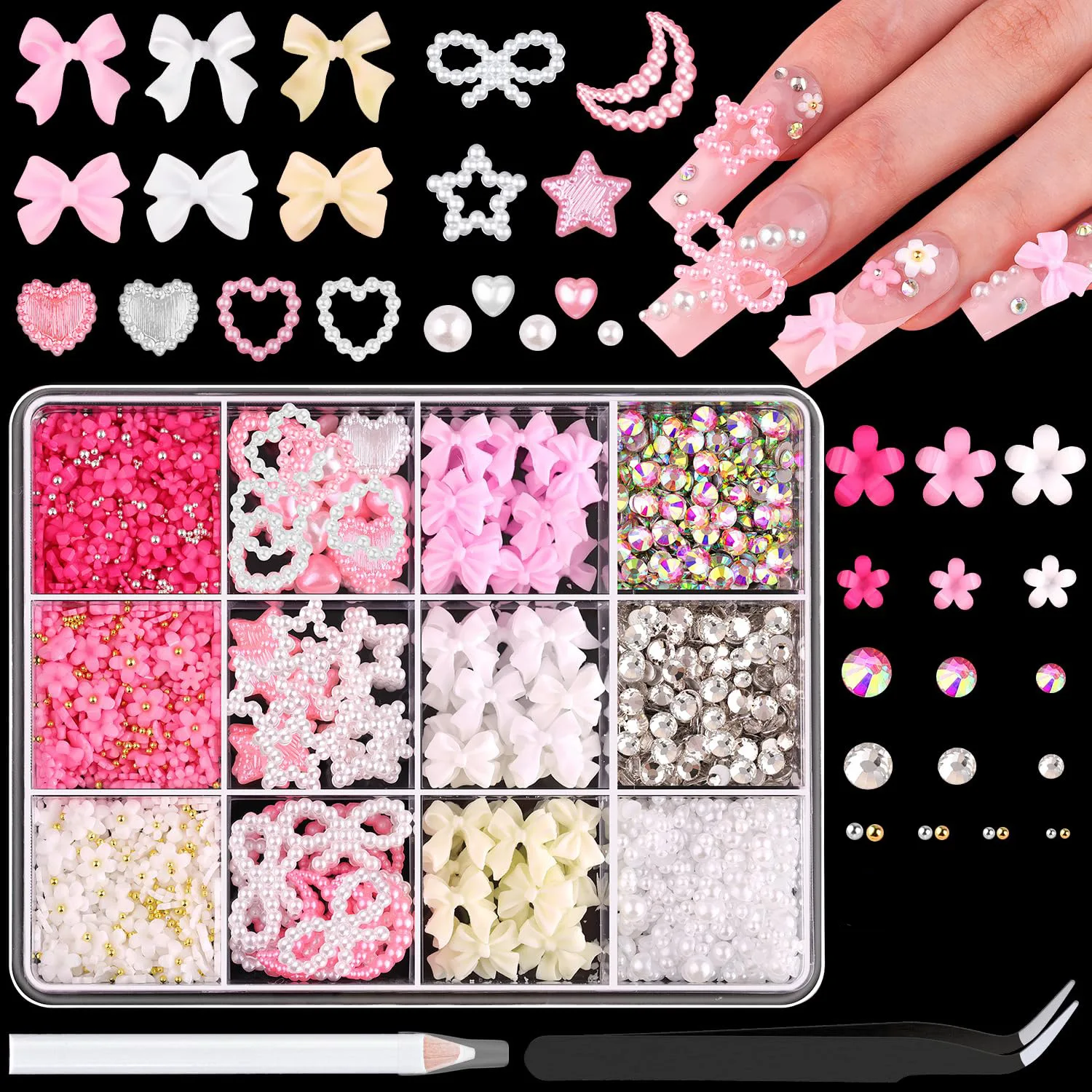 7 grille mixte acrylique nœud papillon 3D Nail Art décorations fleur résine breloques perles Caviar perle mixte strass accessoires en boîte