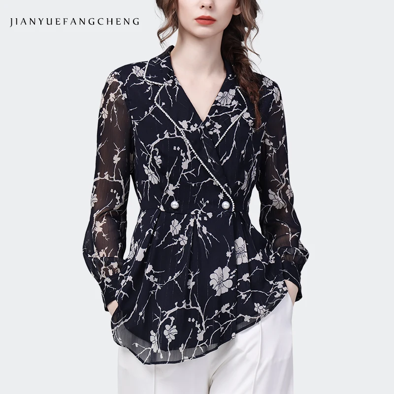 Fashion Women Spring Autumn Long Sleeve Suit Collar Floral Printed Shirt Elegant Vintage Lightweight Chiffon Blouse Tops