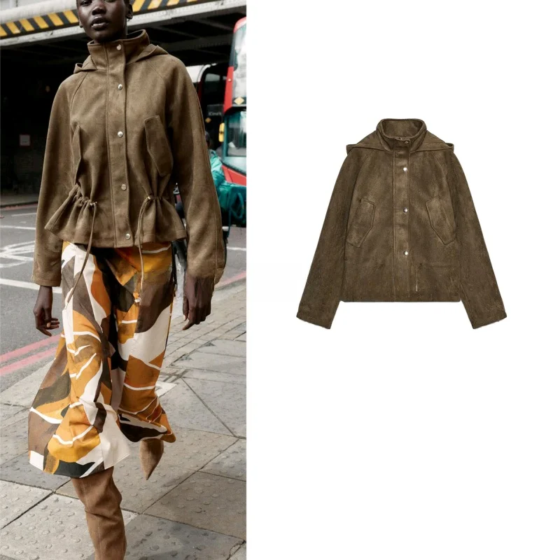 

Fall New Arrival Women's Jaet Hooded Long Sve Faux Suede Effect Stand Collar Zipper Closure Casual Loose Sle Outerwear