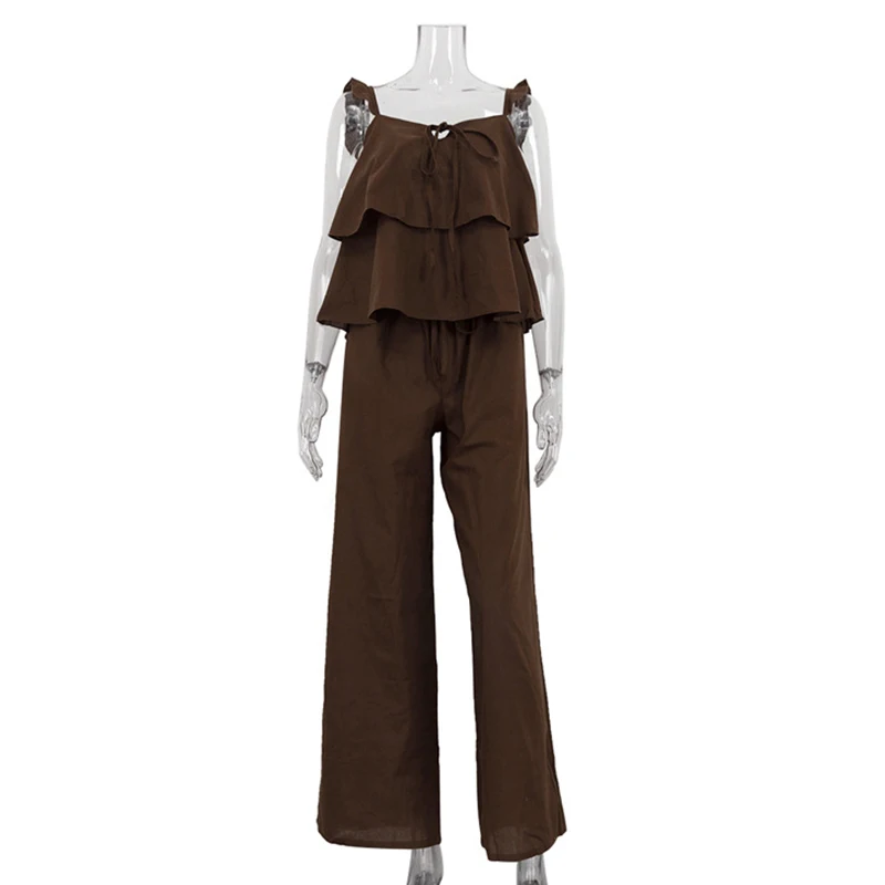 

Summer Women Leisure Loose 2 Piece Solid Pocket Pants Sets Fashion Hollow Out Sleeveless Halter Tops Straight Pants Matching Set