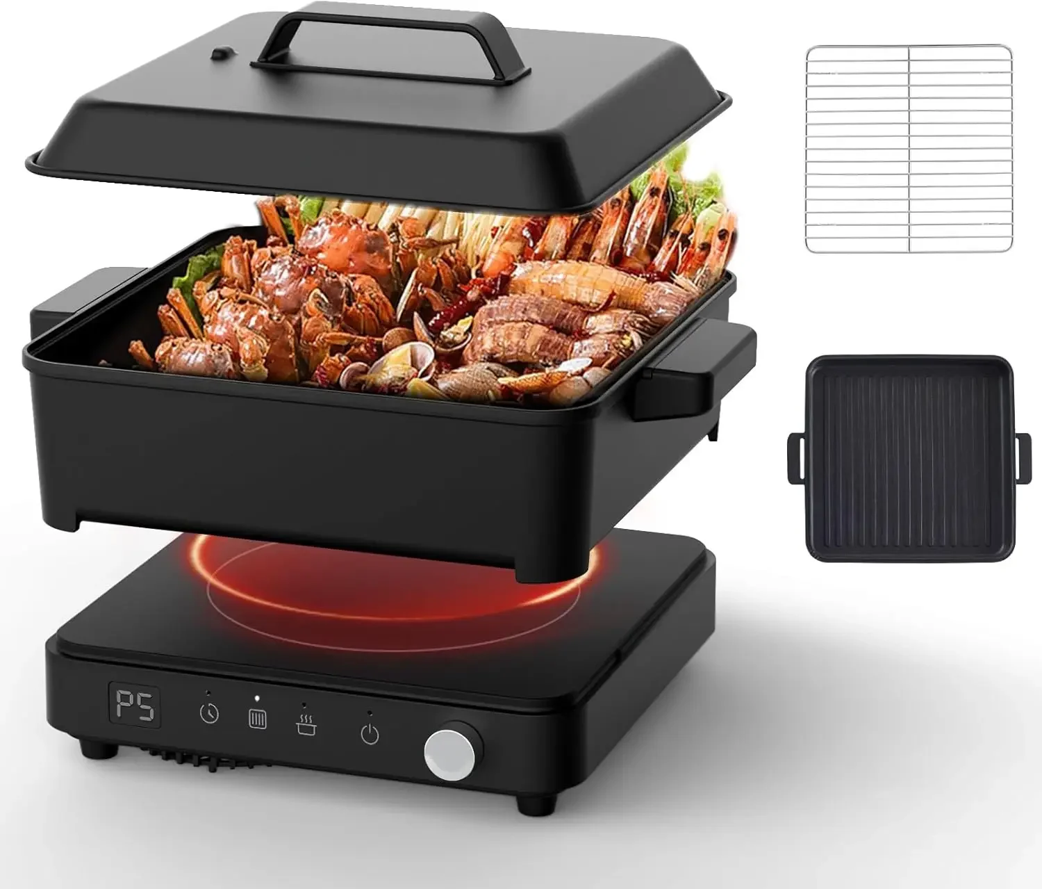 Portable Induction Cooktop with Removable Iron Cast Griddle Pan & Pot Non-stick, 1500W induction hot plate Digital Temperature