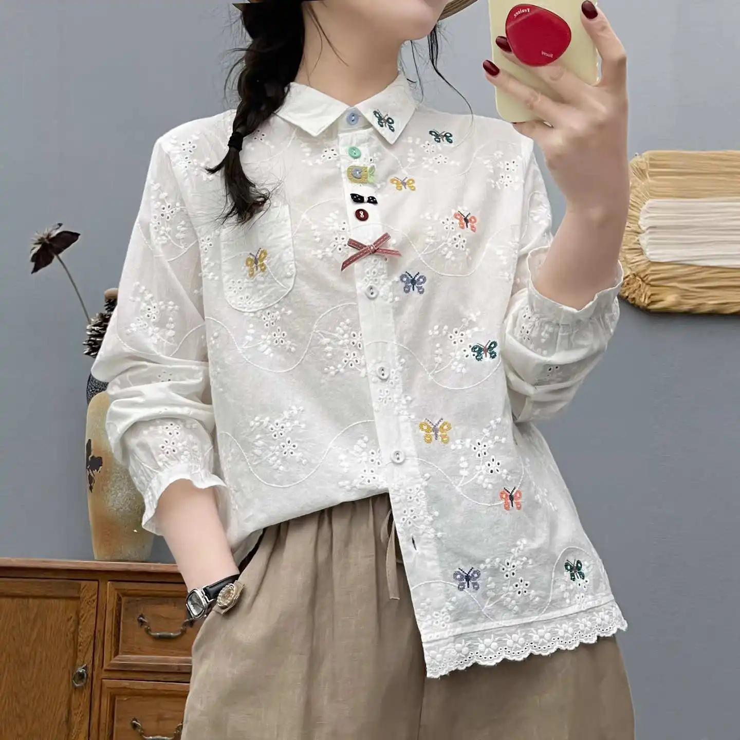 Sweet Embroidered Long Sleeve Shirt Women's Casual Top Button Design Cotton Commute Style Spring New Arrival