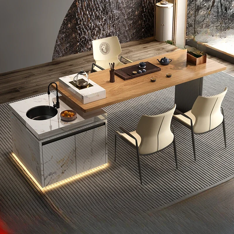 

High-end multi-functional sink island integrated rock slab table modern pure solid wood table home office golden stove tea table