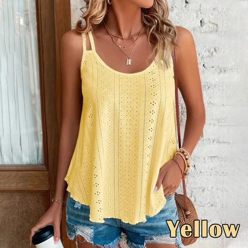 Camisola de verano para mujer, amarilla con encaje calado, azul claro con cuello redondo, rosa sin mangas, top tipo slip, blanco con dobladillo en línea A