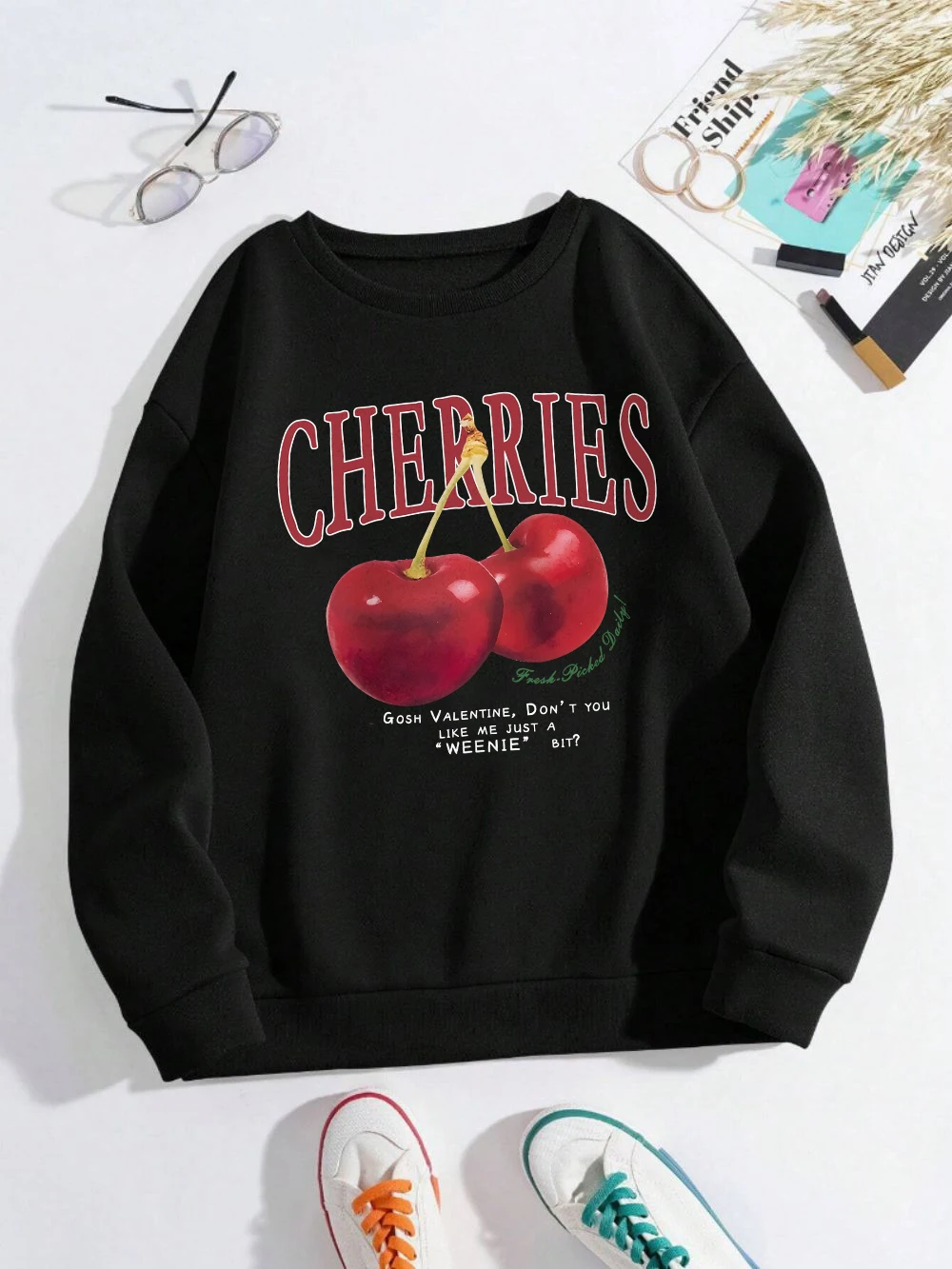 

Fashion Womens Sweatshirt Fresh Red Cherries Printing Pullover Crewneck Fleece Soft Breathable Hoodie Autumn Female Streetwear