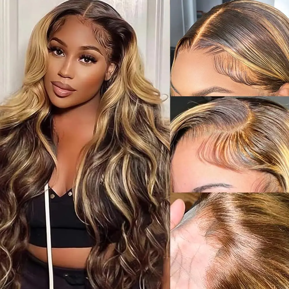 

Ulrica 13x4 Highlight Lace Frontal Wig Body Wave Human Hair P4/27 Colored Lace Front Human Hair Wigs Ombre Honey Blonde Lace Wig